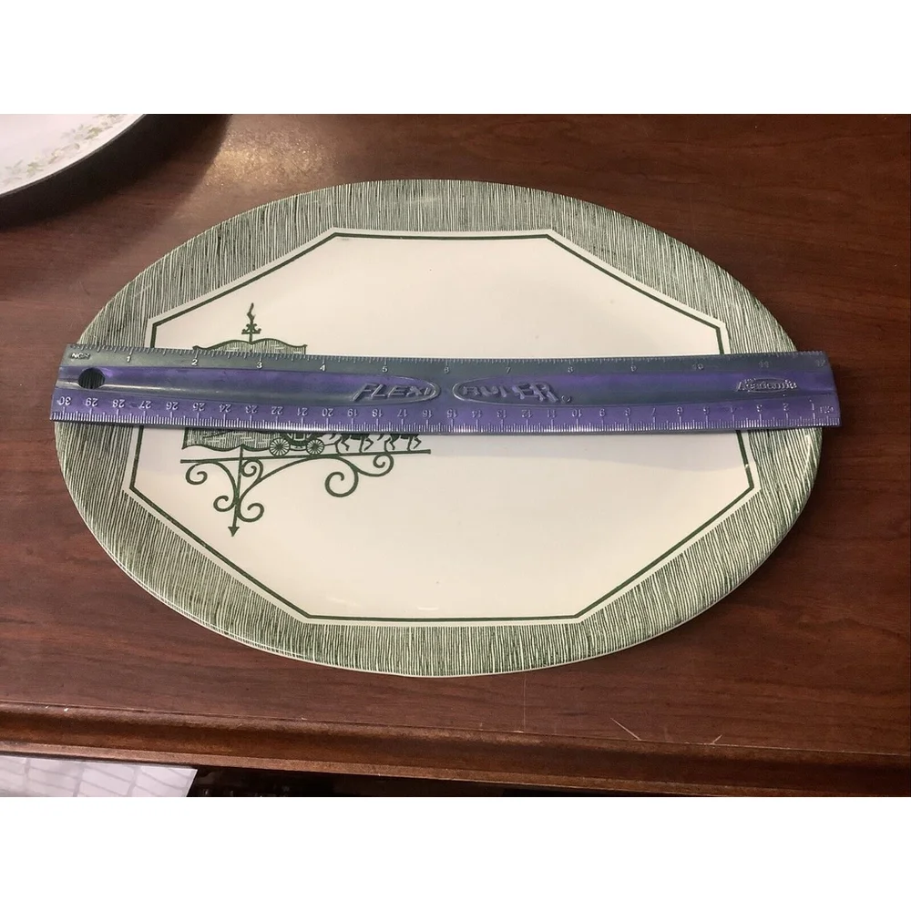 1 Scio Pottery Olde Orleans Oval Serving Platter Green White Carriage Horse Sign